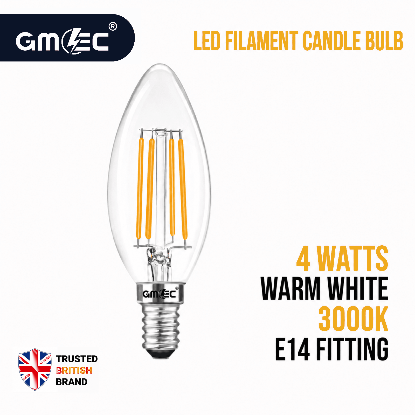 4W E14 LED Filament Candle Bulb Warm White 3000K 550 Lumens