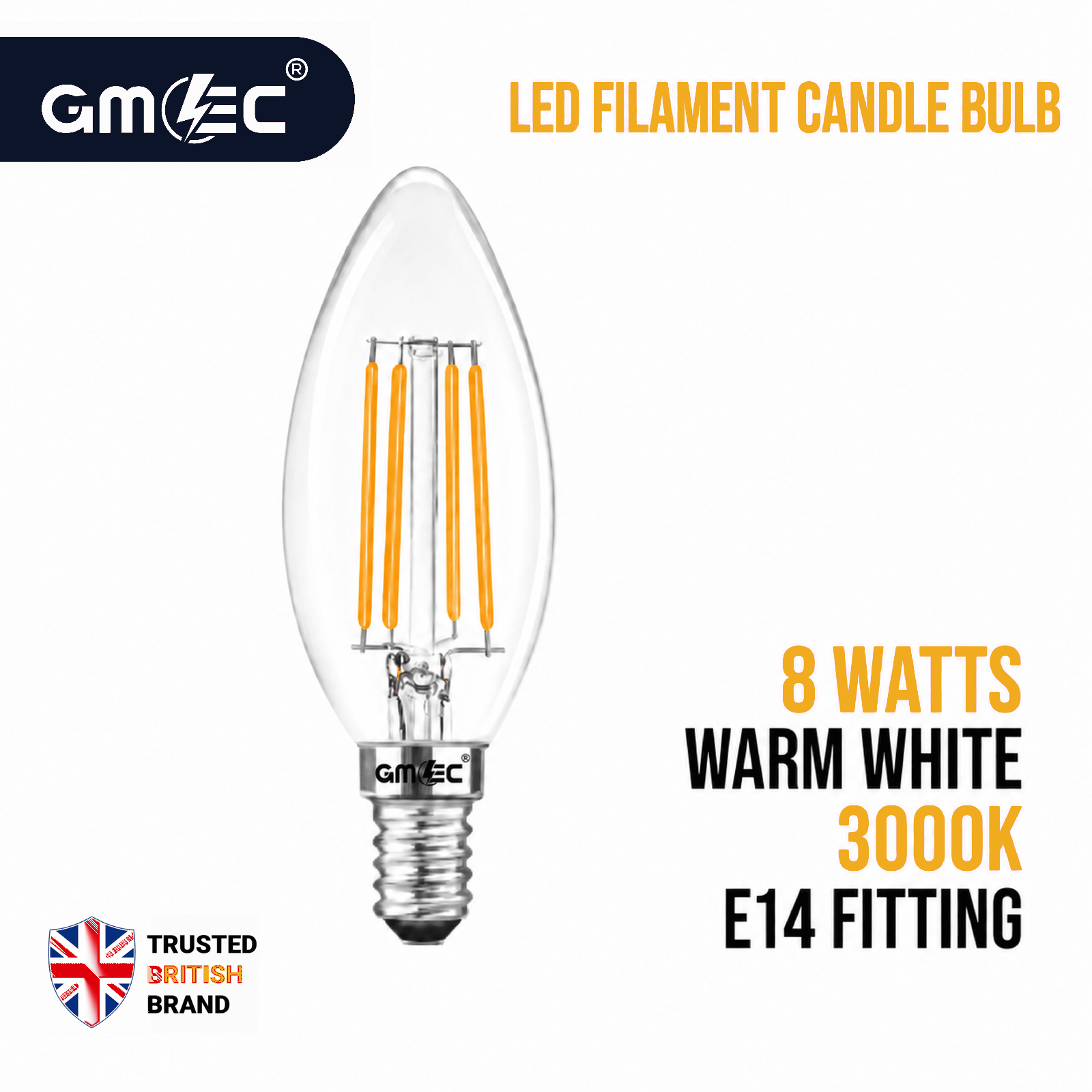 8W E14 LED Filament Bulb Warm White 3000K 1050 Lumens