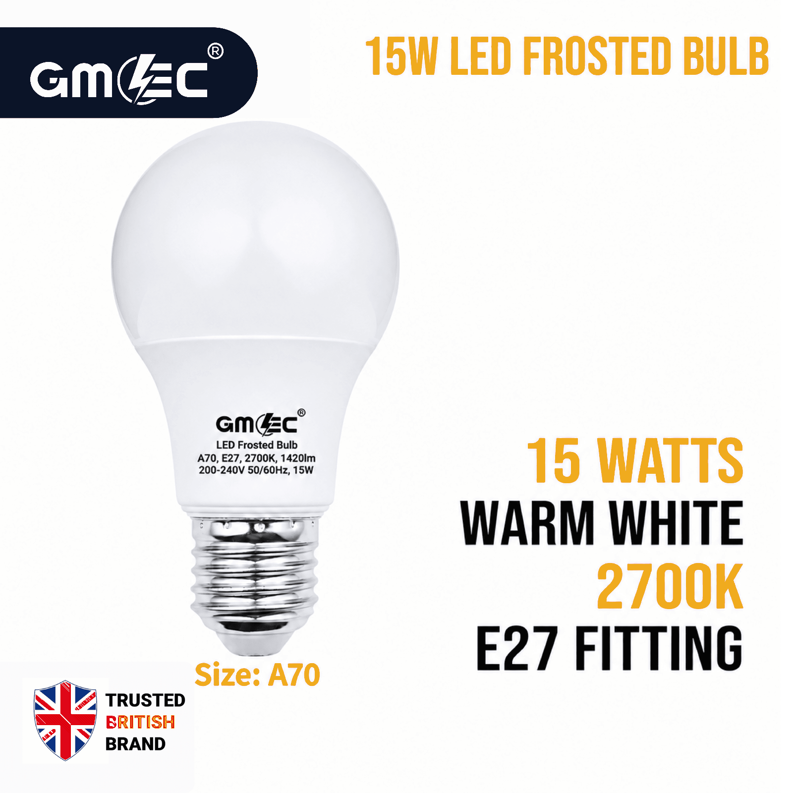 15W E27 LED Frosted Bulb Warm White 2700K A70